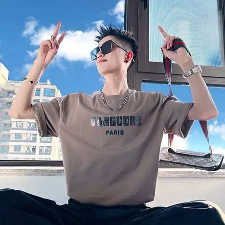 字母印花短袖T恤男夏季休闲简约圆领内搭t恤ins百搭半袖上衣体恤商品大图