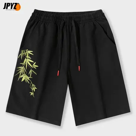 休闲短裤男夏季新款宽松男士五分裤刺绣纯棉直筒中裤黑色沙滩裤子商品大图