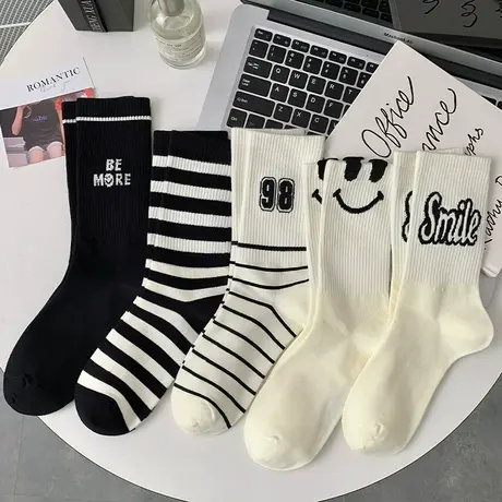 袜子女黑白条纹中筒袜学院风纯棉ins风笑脸网红运动时尚堆堆袜潮商品大图