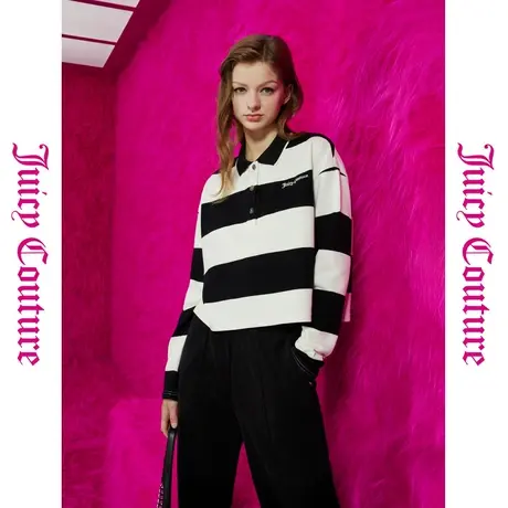 Juicy Couture橘滋黑白格调绣花宽条女式针织衫商品大图