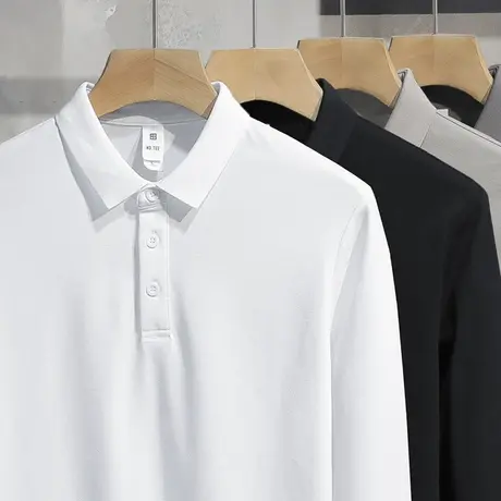 丝光珠地棉polo衫男长袖t恤翻领保罗带领打底衫纯色白色有领秋衣图片