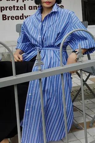 夏装新款五分袖条纹衬衫女中长款韩版宽松大码休闲系带衬衣裙子潮商品大图