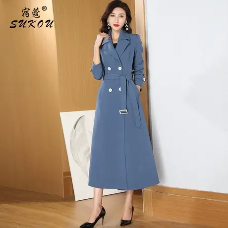 雾霾蓝色流行风衣大衣女长款2023年秋装新款韩版显瘦气质过膝外套图片