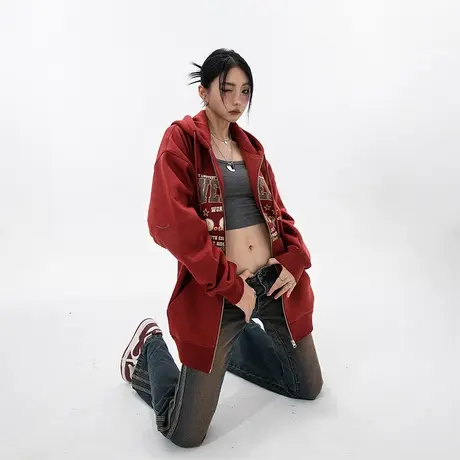 复古酒红色开衫连帽卫衣女加绒2023年新款春秋款美式潮牌学生外套商品大图