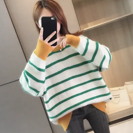 软糯毛衣女秋冬新款爆款日系慵懒学生条纹针织衫套头宽松外穿商品大图