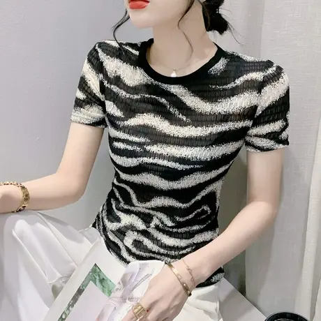 2023夏季新款圆领网纱T恤女短袖时尚洋气印花小衫别致斑马纹上衣商品大图
