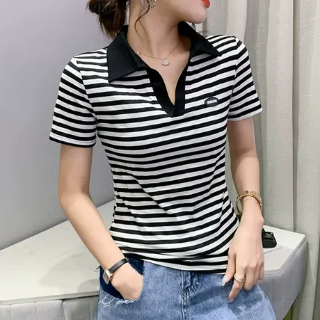 欧货洋气条纹短袖T恤女士夏装设计感POLO领上衣时尚网红修身小衫商品大图