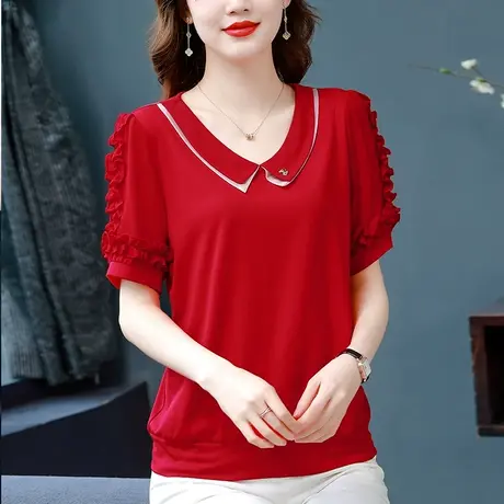 2023夏季新款娃娃领别致洋气女减龄雪纺衬衫女打底衫显瘦短袖上衣商品大图