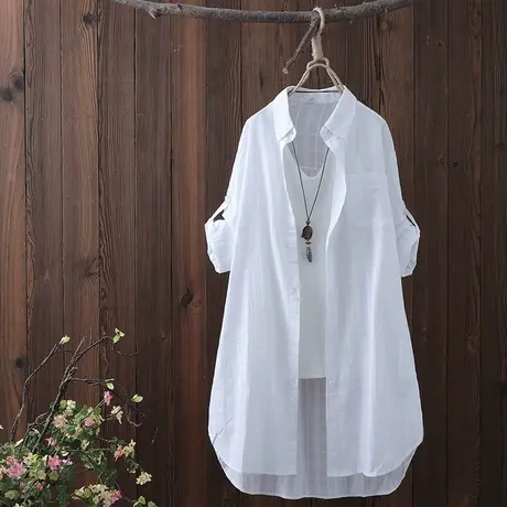 长袖格子衬衫女防晒衣文艺中长款宽松沙滩防晒衬衣薄款外套开衫夏商品大图