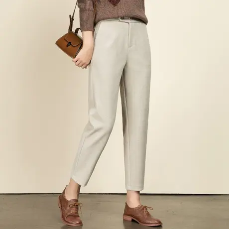 米白色毛呢裤子女秋冬2023新款烟管裤小个子九分裤米色冬季萝卜裤商品大图