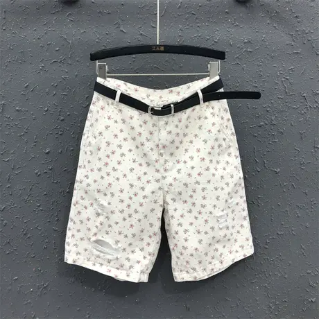 韩系风小清新印花破洞五分裤女2023夏季新款高腰显瘦直筒中裤休闲商品大图