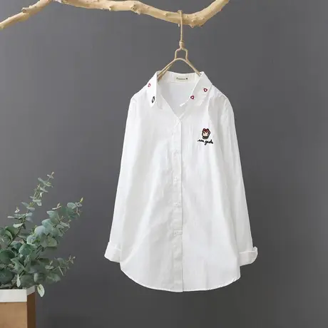 2023春装新款短款文艺纯棉衬衫女设计感小众长袖刺绣学生打底衬衣商品大图