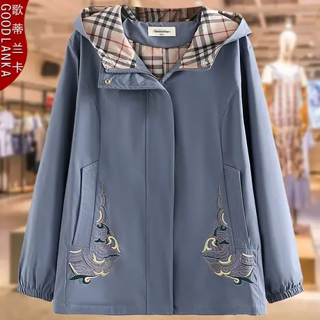 大码中老年风衣春秋外套2022新款宽松洋气中年妈妈秋装连帽风衣女商品大图