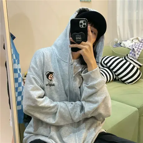 红续美式复古慵懒风小女孩刺绣宽松开衫拉链连帽卫衣外套女ins潮图片