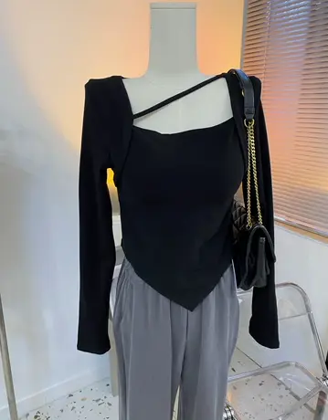 纯欲方领拼接修身假两件长袖t恤女秋新款黑色显白复古上衣打底衫商品大图