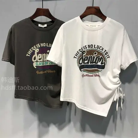 23夏装韩国东大门新款单侧抽绳设计下摆斜边不对称短款短袖T恤女商品大图