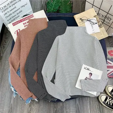 高领打底衫长袖秋装女款2023新款韩版宽松条纹t恤chic早秋上衣女图片