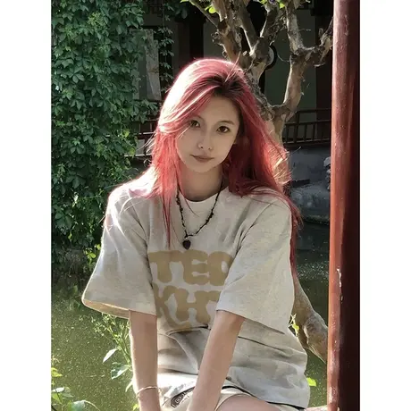灰色纯棉短袖t恤女ins潮美式复古高级感港风chic宽松显瘦半袖上衣商品大图