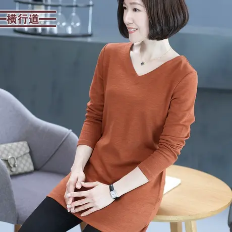 2023冬装新款v领中长款包臀打底衫长袖t恤女装纯色上衣服宽松纯棉商品大图