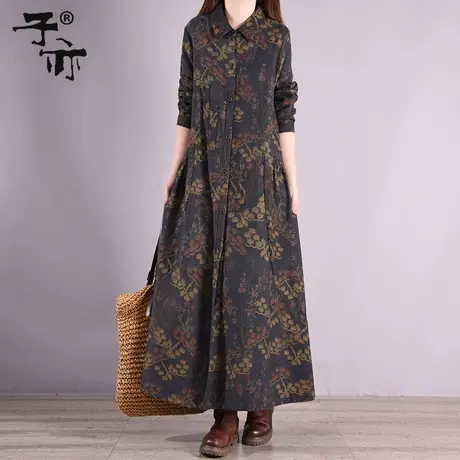 子亦2023早春新款花色大码长款单排扣长袖衬衫裙图片