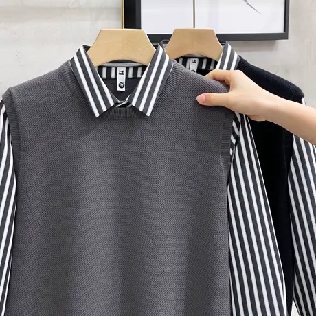 条纹袖假两件毛衣男士长袖衬衫领针织衫春秋款韩版潮流打底线衣男商品大图