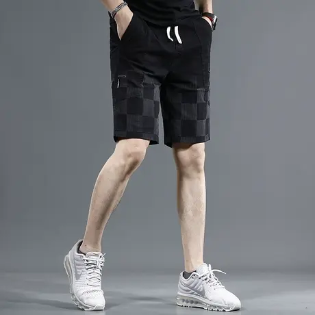 2023新款爆款牛仔短裤男五分裤黑色宽松紧松腰休闲男士中裤暗纹图片