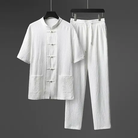 新中式男装唐装男款套装中国风禅意冰丝衬衣薄款短袖盘扣亚麻衬衫商品大图