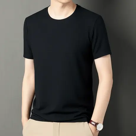 男士黑色华夫格T恤2023夏季新款短袖t恤男潮牌休闲商务透气上衣男商品大图