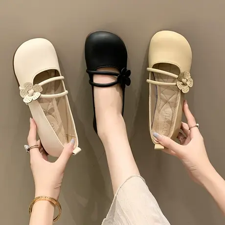 一脚蹬浅口单鞋女2023年春季新款复古方头套脚小皮鞋平跟花朵女鞋图片