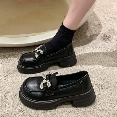 黑色小皮鞋女夏季2023年新款厚底百搭乐福鞋英伦风水钻玛丽珍鞋潮商品大图