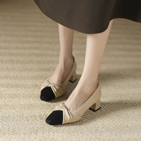 拼色浅口粗跟单鞋女2023年春夏季新款方头性感少女气质职业高跟鞋图片