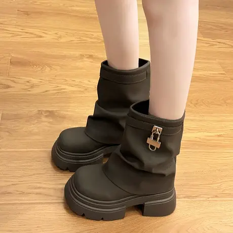 洋气街头金属锁扣中筒靴女潮2023夏爆款百搭厚底粗跟裤管靴中筒靴商品大图