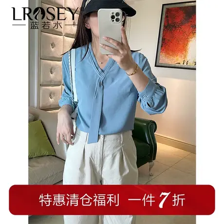 蓝若水大码女装气质V领法式雪纺衫秋季微胖MM显瘦别致设计感上衣图片