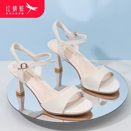 红蜻蜓凉鞋女夏季真皮一字带气质高跟鞋女士百搭配裙细跟时装女鞋商品大图