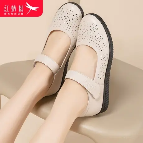 红蜻蜓女鞋平底一字扣妈妈鞋中老年防滑厚底皮鞋镂空透气软底单鞋商品大图