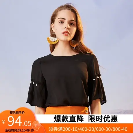 【艾格】2023夏新款上衣女荷叶袖珍珠休闲雪纺衫时尚百搭短袖T恤商品大图