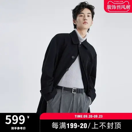字母刺绣口袋装饰秋冬季休闲时尚韩版翻领男生中长款毛呢大衣外套图片