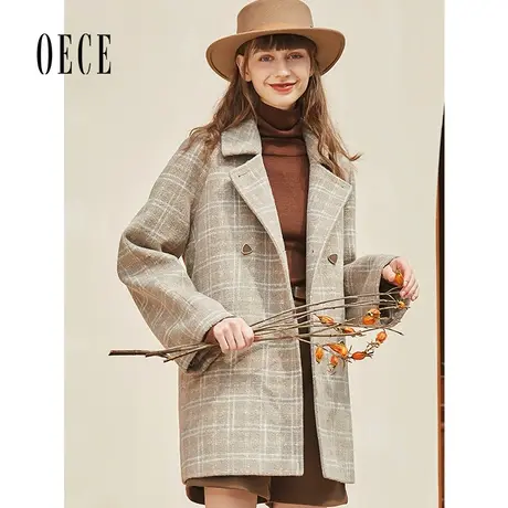 【买1送1】Oece冬新款女复古双排扣毛呢外套中长款气质呢大衣商品大图