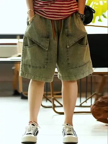 浅色复古做旧风五分牛仔裤女夏季宽松大码休闲百搭大口袋阔腿短裤商品大图