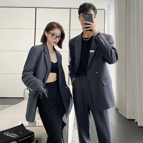 炸街宽松网红西装女ins高街情侣春秋外套男士休闲垂感西服套装潮商品大图