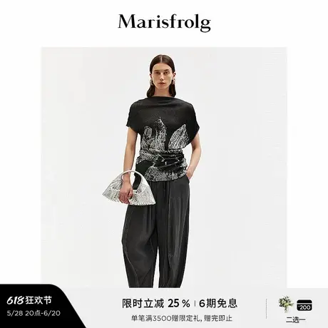 【蛋型裤】玛丝菲尔夏季时尚抽绳腰头风格烟灰色香蕉长裤商品大图