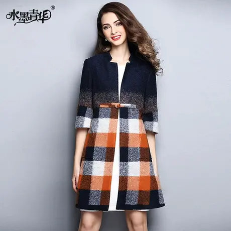 【1件7.9折】春装新品时尚格子一粒扣大衣修身气质毛呢外套女图片