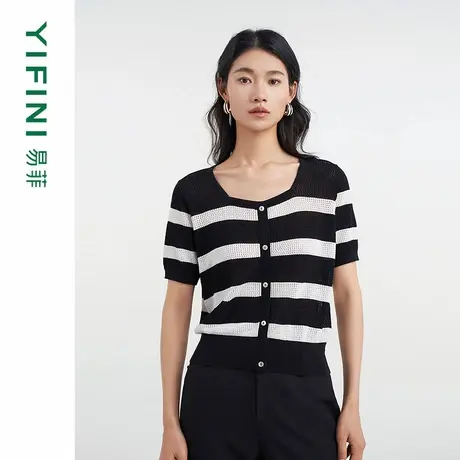 [专柜同款]Yifini/易菲U领宽条纹通勤宽松针织衫简约上衣D04M1415商品大图