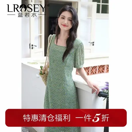 蓝若水大码女装淑女方领碎花连衣裙夏季新品胖mm温柔修身雪纺长裙图片