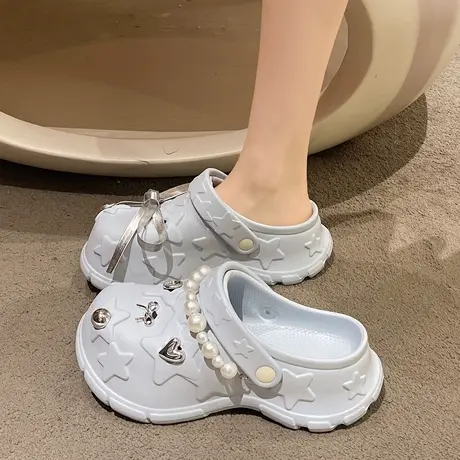 包头洞洞鞋女夏季外穿网红沙滩时尚珍珠蝴蝶结厚底增高防滑凉拖鞋商品大图