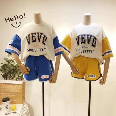 2020夏新款韩国东大门原宿风运动跑步休闲字母短袖短裤两件套套装图片