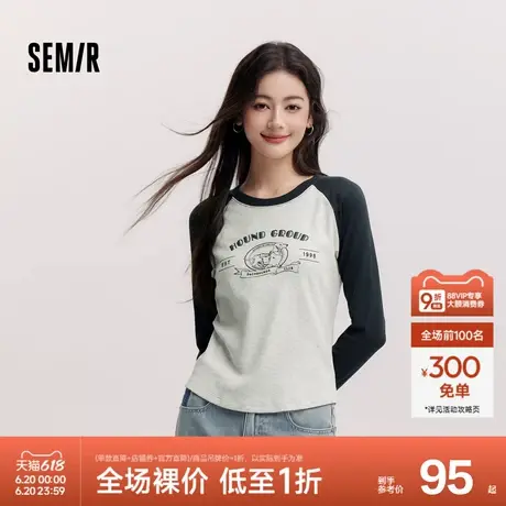 [商场同款]森马长袖T恤女拼色插肩袖小狗2024冬新款修身抓毛衣服图片