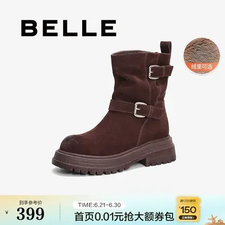 百丽厚底堆堆靴牛仔西部靴冬季新款加绒保暖短靴子女B2282DZ4图片