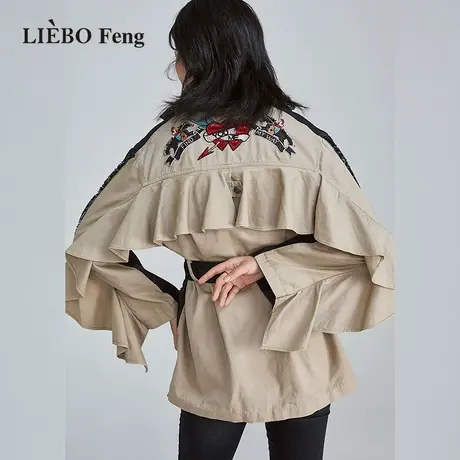 裂帛LIEBOFeng设计师品牌2023年春季牛仔拼接荷叶边风衣外套图片