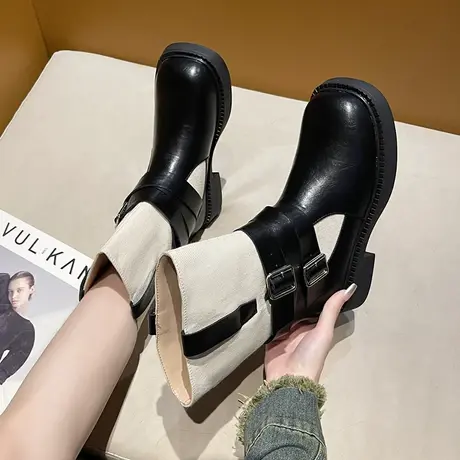 粗跟厚底马丁靴女夏季2023新款设计感小众拼色圆头短靴炸街瘦瘦靴图片